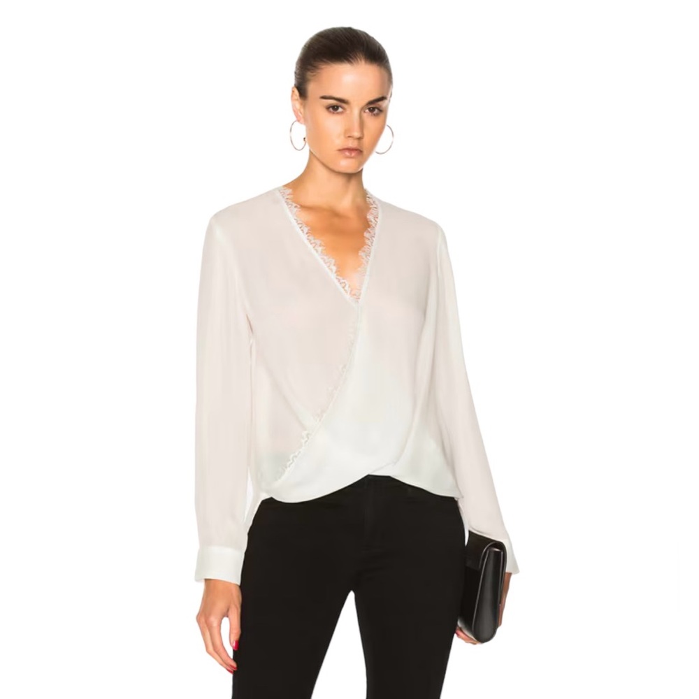 L'Agence Rosario Top Lace Trim Surplice Ivory 100% Silk Size Small NWOT